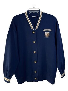 Vtg “Polo” Varsity Cardigan Sweater Size 40 = Large Navy Blue Equestrian Prep